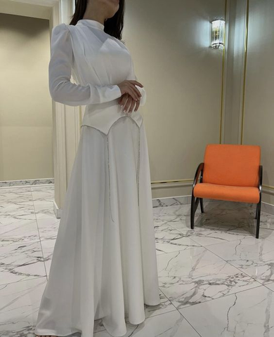 Chic White A-line Long Sleeve Evening Dress Unique Prom Gown Y6885