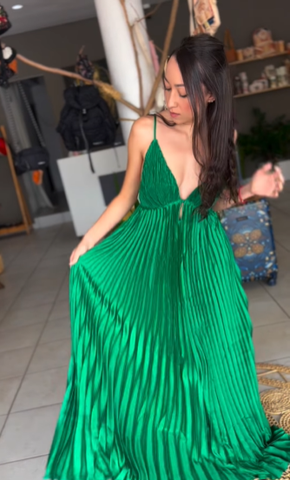Vestido de fiesta verde con tirantes finos, escote en V plisado, corte en A, estilo vestido de noche Y7958