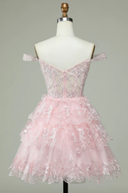 Vestido rosa de fiesta con corsé y hombros descubiertos con encaje Y2471