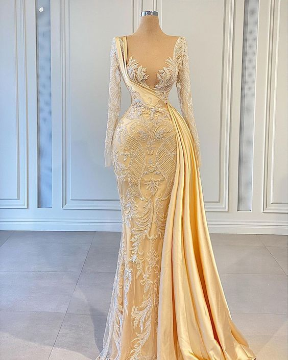 Robe de mariée élégante jaune vif à manches longues et applications, robe de cérémonie pour femme Y899