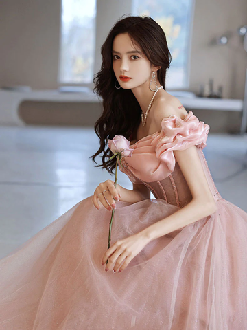 Robe de bal longue rose en tulle et perles, décolleté cœur, Y2406