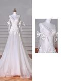 Vestido de noche sirena de hada blanco con escote en V, apliques de encaje de tul, vestido de novia largo Y8636