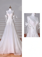 Vestido de noche sirena de hada blanco con escote en V, apliques de encaje de tul, vestido de novia largo Y8636