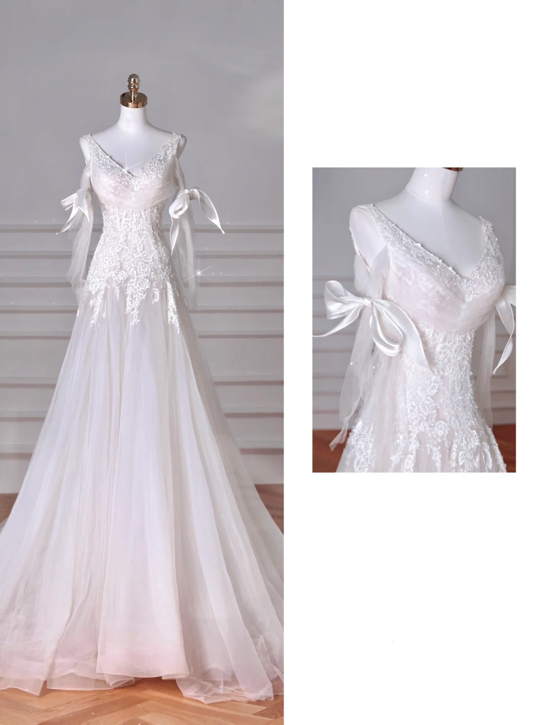 Vestido de noche sirena de hada blanco con escote en V, apliques de encaje de tul, vestido de novia largo Y8636