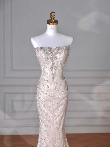 Vestido de noche largo de sirena con lentejuelas y tul sin tirantes brillante Y8616