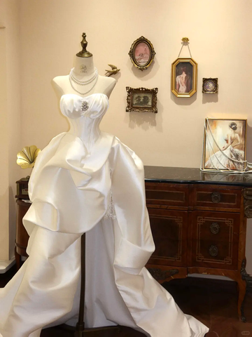 Charming White Satin Ruched Wedding Dress,Long Prom Dress Y8600