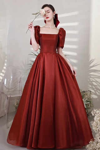 Robe de bal longue en satin bordeaux, coupe trapèze, manches courtes, Y1170