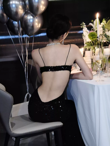 Black Sequins Sparkling Evening Dress Sexy Backless Evening Gown Y1124
