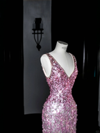 Magnifique robe de bal longue rose à sequins et col en V Y8688