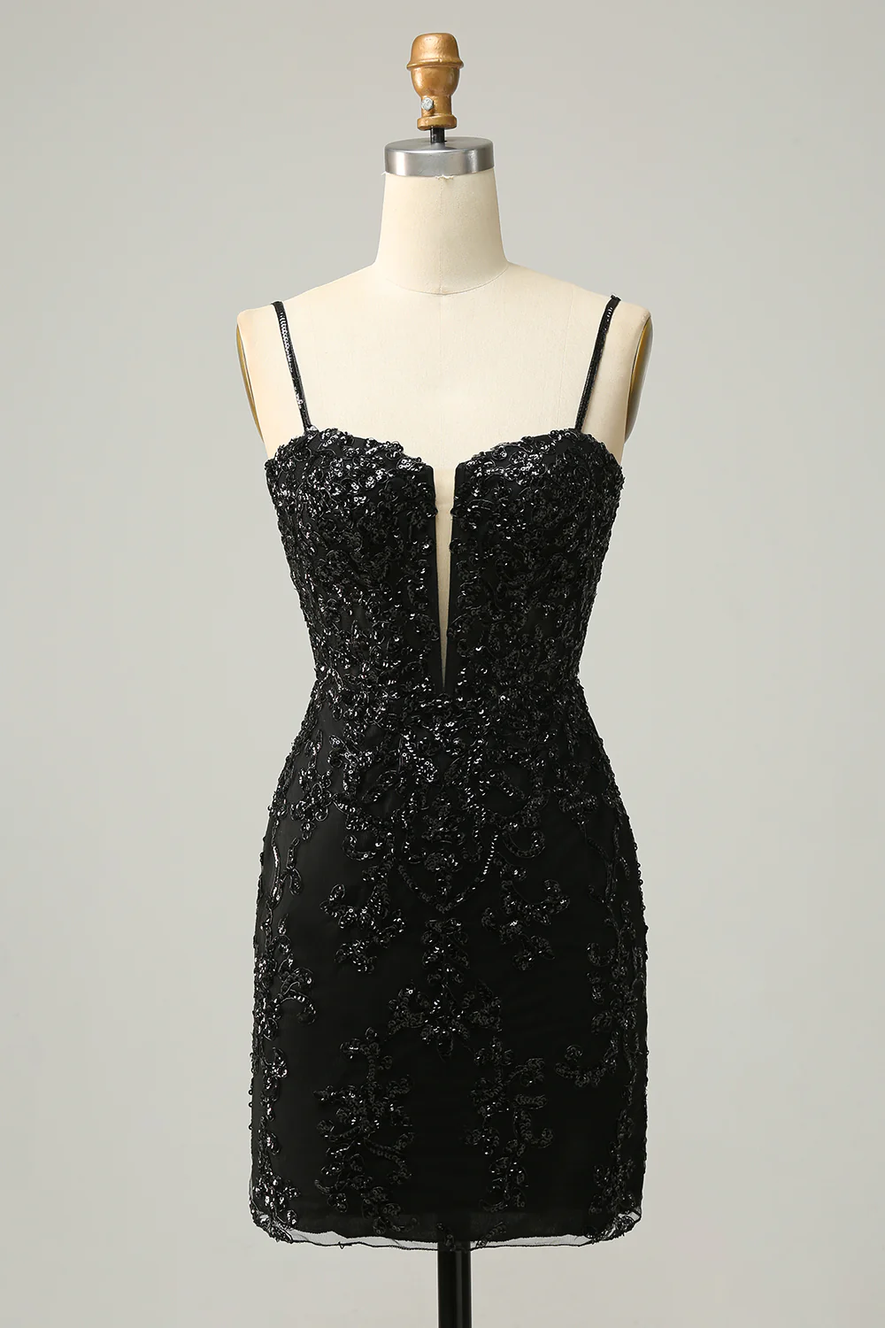 Robe de bal courte noire à sequins et fines bretelles Y3072