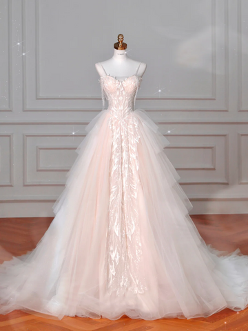 Classy Light Pink Tulle ALine Wedding Dress,Formal Prom Evening Dress Y8623