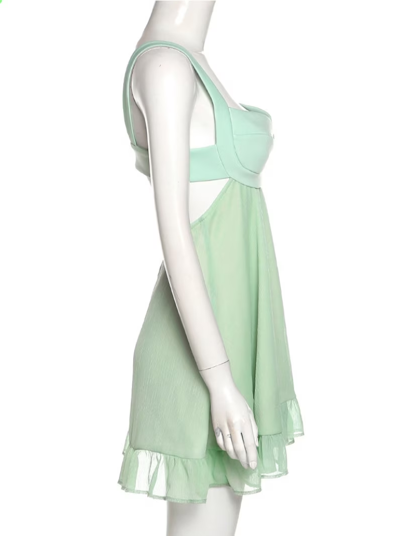 Vestido de fiesta corto verde de corte A, sin espalda, modelo Y2510