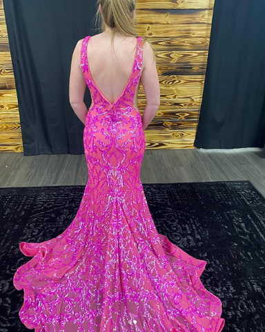 Vestido de noche de sirena rosa de lujo con escote en V profundo, ideal para eventos formales y graduaciones (Y7819)