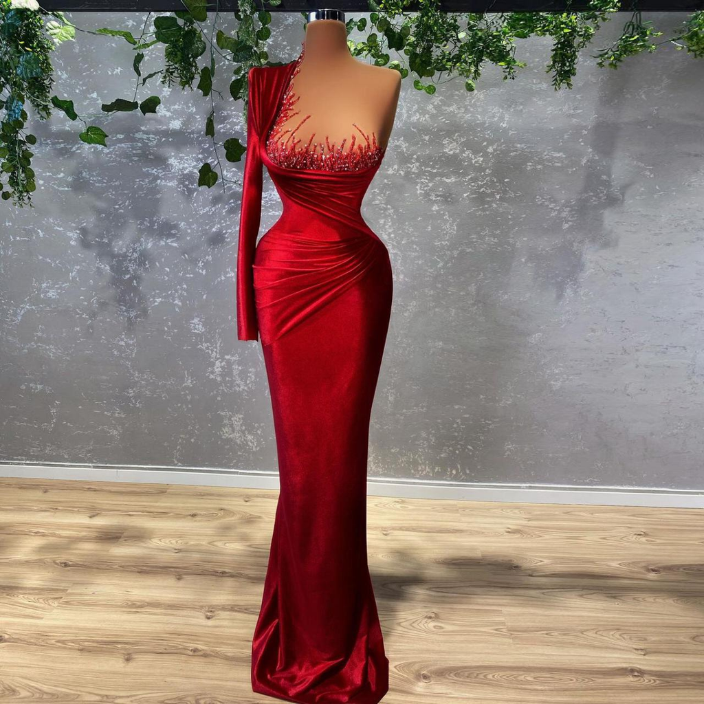 Vestido de noche moderno de terciopelo con un solo hombro y cuentas, estilo sirena, ideal para alfombra roja (modelo Y1907).