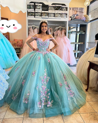 Vestido de quinceañera estilo princesa azul lago con flores 3D, hombros descubiertos, apliques y cuentas, largo maxi, modelo Y2632