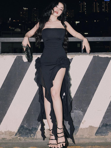 Tunique à volants pour femme, manches longues, robe de soirée élégante et sexy mi-longue Y1896