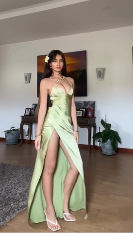 Simple Green Spaghetti Straps High Slit A Line Evening Dress Backless Prom Dress Y8433