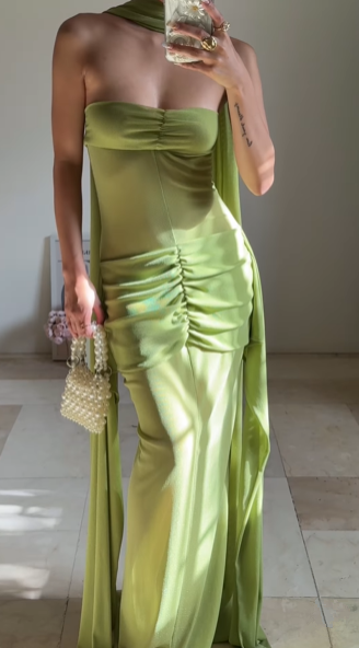 Vestido de fiesta largo verde único, sin tirantes y fruncido, vestido de noche formal Y8505