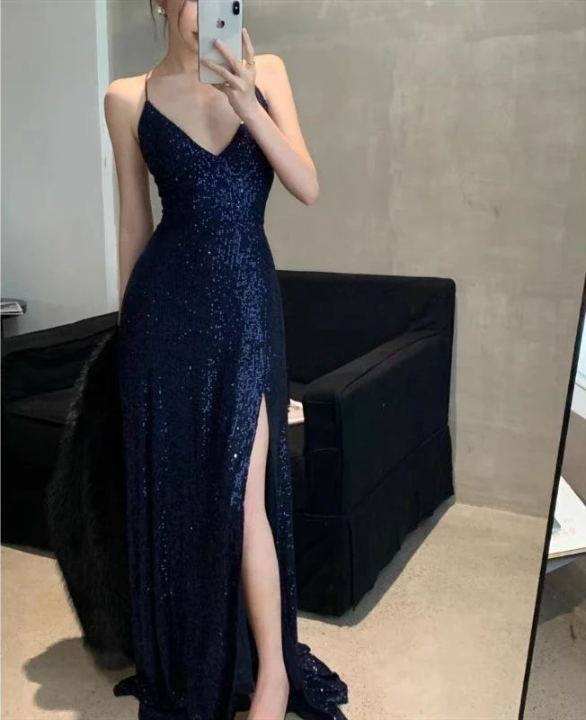 Vestido largo de noche azul marino sexy con escote en V y abertura, modelo Y7798