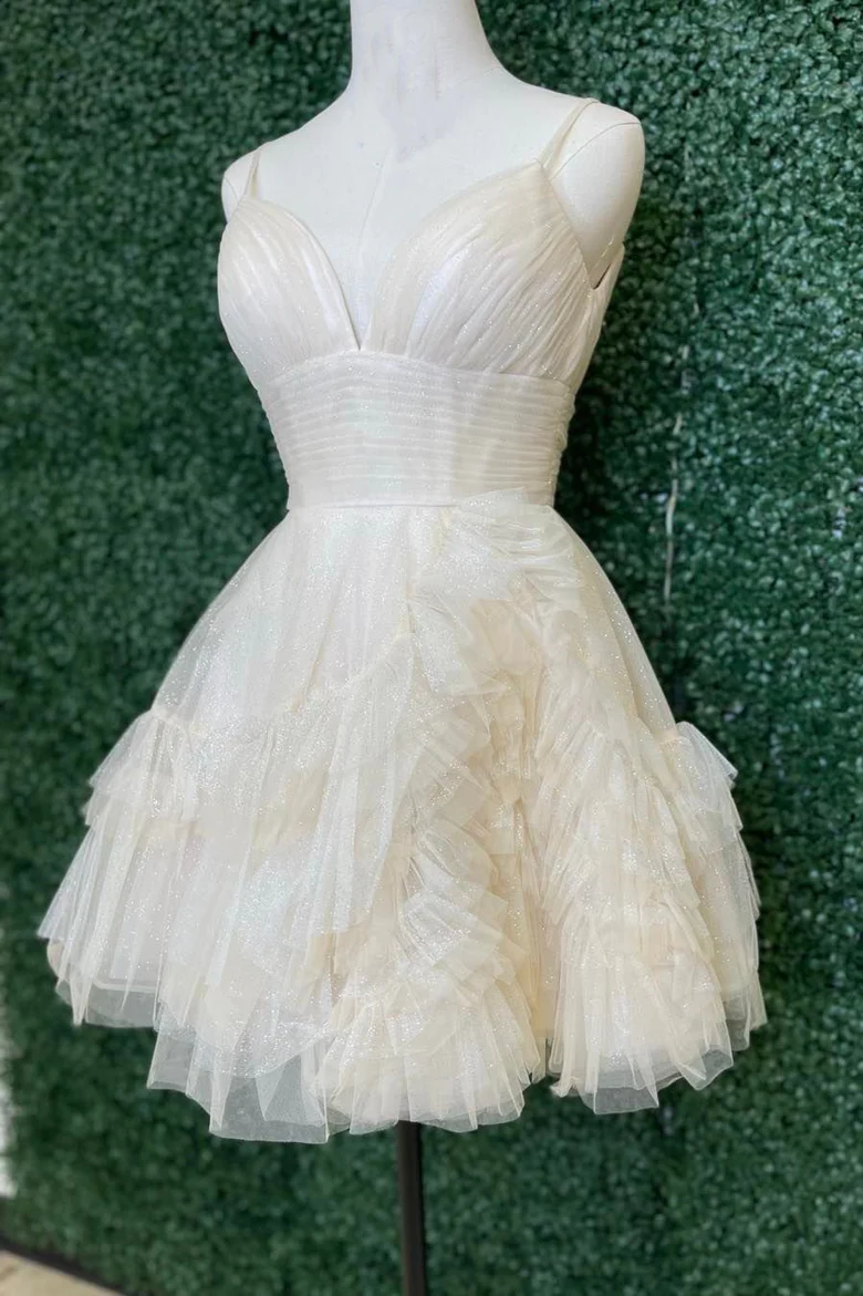 Robe de bal courte trapèze à bretelles ivoire Y2778