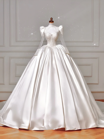 Gorgeous White Satin Lace Appliques A Line Wedding Dress,Formal Prom Dress Y8607