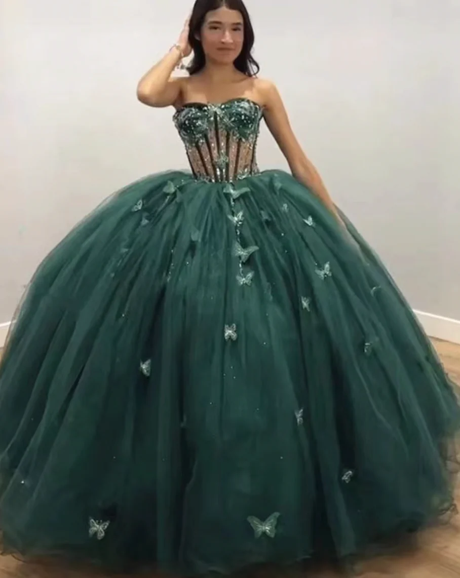 Vestido de baile de tul verde con mariposas, vestido para quinceañera, vestido verde Y2344