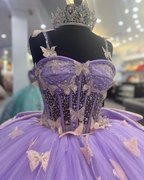 Vestido de baile de tul morado con mariposas, vestido para quinceañera, vestido de princesa morado Y2270