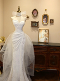 Elegante vestido de noche de sirena blanco sin tirantes de tul y satén, vestido de fiesta formal de novia Y8602