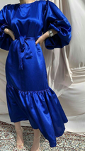Vestido de noche azul real con mangas abullonadas, vestido de fiesta sencillo Y5513