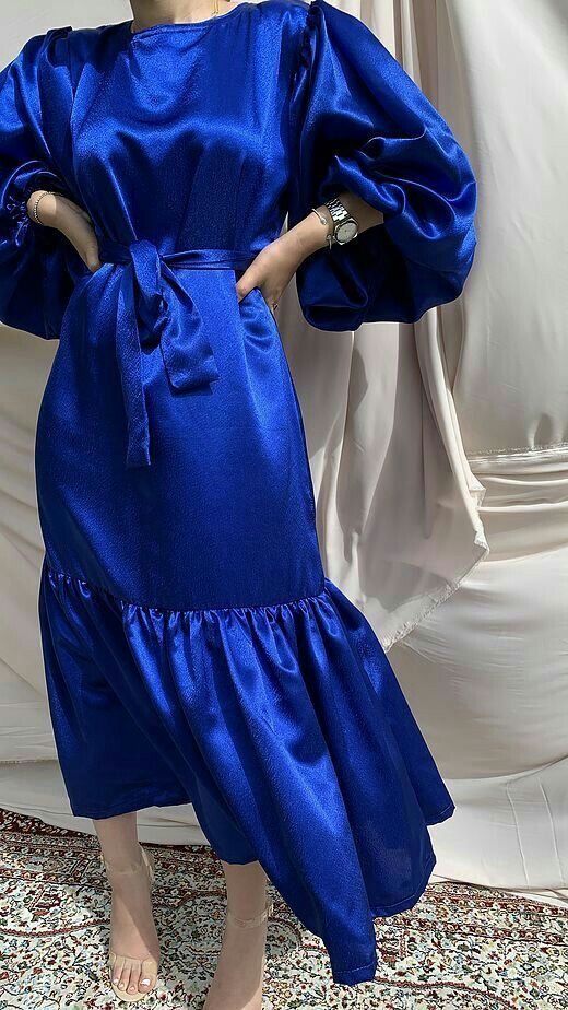Vestido de noche azul real con mangas abullonadas, vestido de fiesta sencillo Y5513