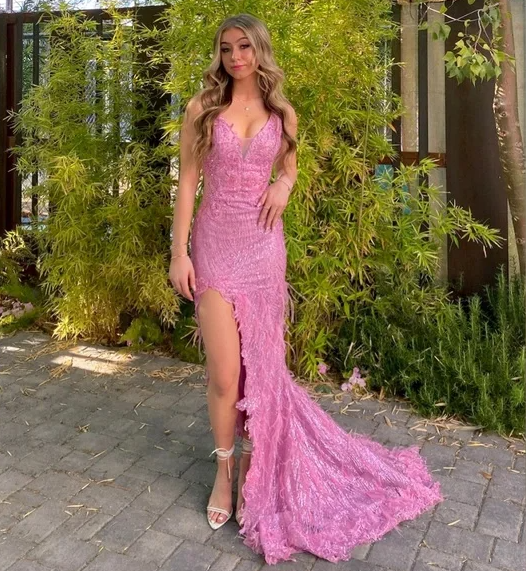 Robe de soirée sirène fendue, ornée de sequins roses, de dentelle et de plumes, luxueuse Y7872