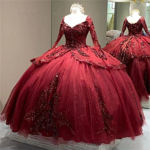 Robe de bal de princesse bordeaux à paillettes pour quinceañera, manches longues, corset à lacets, fleurs et sequins, modèle Sweet 15 Y5388