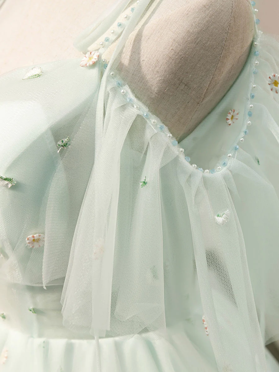 Vestidos cortos de tul con escote corazón sencillo, vestidos verdes abullonados para fiestas de bienvenida Y2409