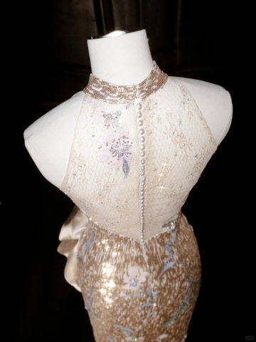 Vestido de fiesta de noche largo con lentejuelas doradas champán brillantes Y8653