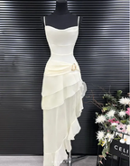 Elegante vestido de noche de sirena blanco de gasa, vestido largo de fiesta con capas Y7716