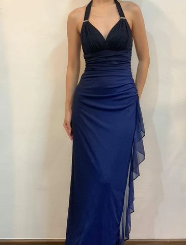 Sexy Halter Ombre Navy Blue V Neck Chiffon Long Prom Dress Party Evening Gown Y7486