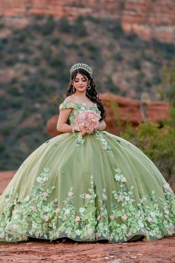 Vestido de quinceañera verde salvia claro, vestido de baile floral para concurso de belleza Sweet 16 Y2063
