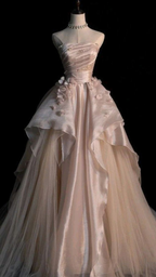 Vestido de noche de tul rosa sin tirantes, corte en A, estilo glamuroso Y6761