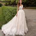 Beach Cap Sleeves Wedding Dresses Illusion Lace Buttons Back Bridal Gown Women Appliques Tulle vestidos de novia playa