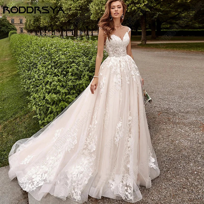 Beach Cap Sleeves Wedding Dresses Illusion Lace Buttons Back Bridal Gown Women Appliques Tulle vestidos de novia playa