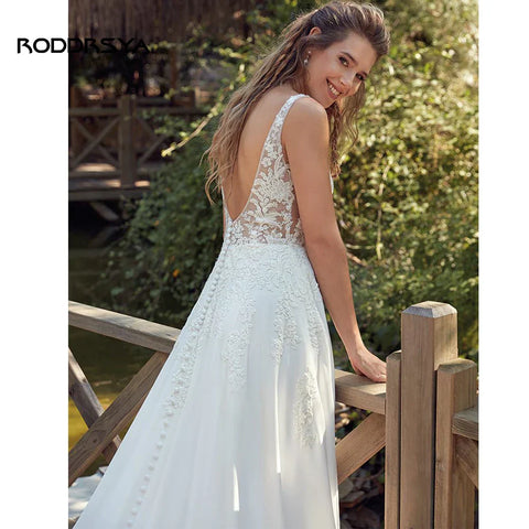 RODDRSYA Vestidos de novia boho para mujer, escote en V, apliques, espalda descubierta, con botones. Vestidos de novia hechos a medida. 