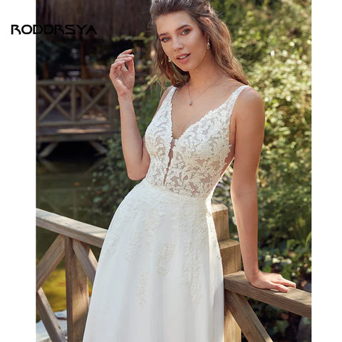 RODDRSYA Vestidos de novia boho para mujer, escote en V, apliques, espalda descubierta, con botones. Vestidos de novia hechos a medida. 
