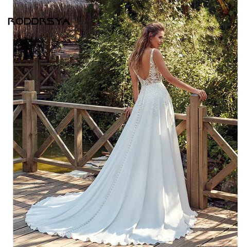 RODDRSYA Vestidos de novia boho para mujer, escote en V, apliques, espalda descubierta, con botones. Vestidos de novia hechos a medida. 