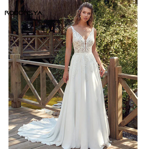 RODDRSYA Vestidos de novia boho para mujer, escote en V, apliques, espalda descubierta, con botones. Vestidos de novia hechos a medida. 