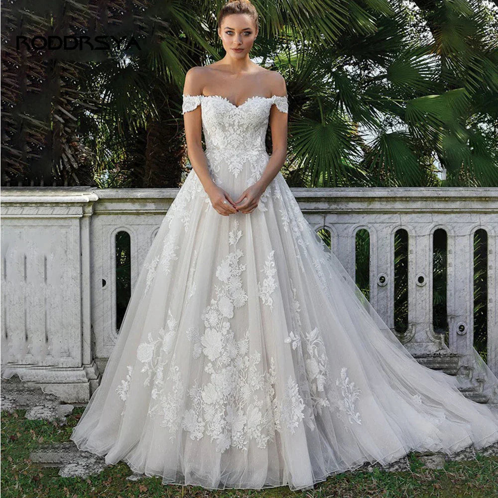 RODDRSYA Elegant A-line Lace Wedding Dresses For Women Appliques Off-Shoulder Bridal Gown Backless Sweep Train Vestidos De Noiva