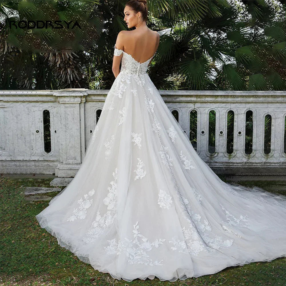 RODDRSYA Elegant A-line Lace Wedding Dresses For Women Appliques Off-Shoulder Bridal Gown Backless Sweep Train Vestidos De Noiva