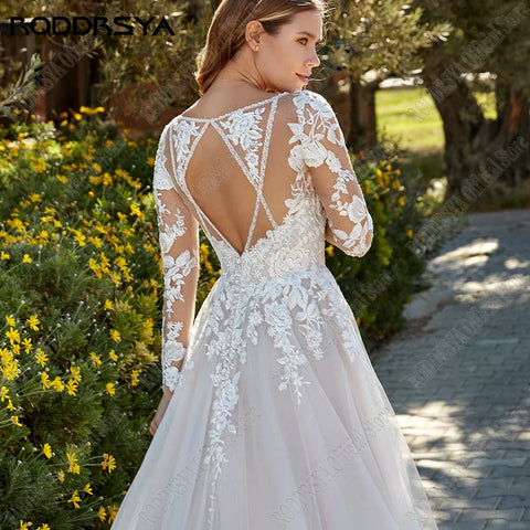 Princess Light Champagne Wedding Dresses Long Sleeves Backless A-Line Bride Gowns Applique Tulle vestidos de novia