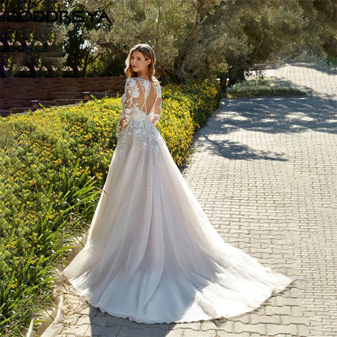 Princess Light Champagne Wedding Dresses Long Sleeves Backless A-Line Bride Gowns Applique Tulle vestidos de novia