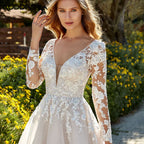 Princess Light Champagne Wedding Dresses Long Sleeves Backless A-Line Bride Gowns Applique Tulle vestidos de novia