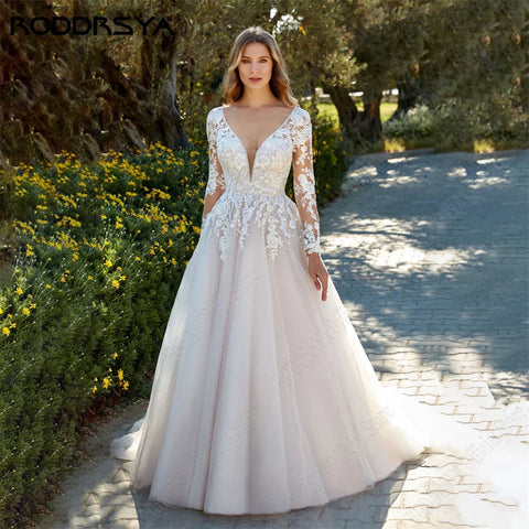 Princess Light Champagne Wedding Dresses Long Sleeves Backless A-Line Bride Gowns Applique Tulle vestidos de novia